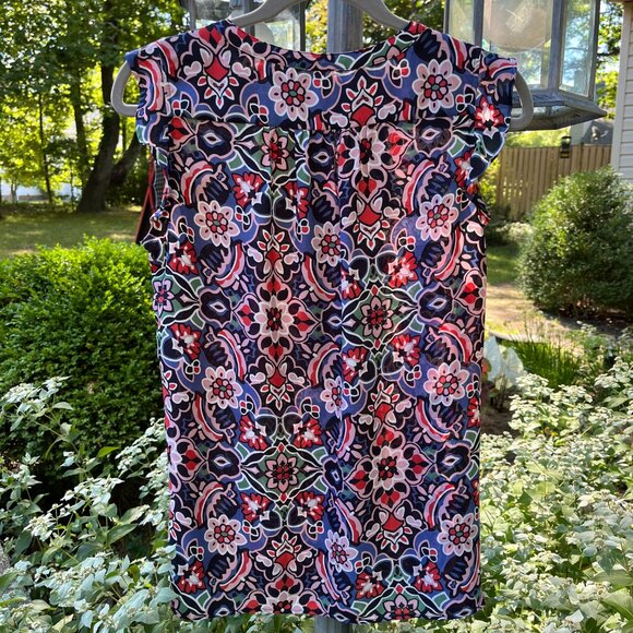 Ann Taylor Loft blue pink white green flowered top. Short ruffled sleeves, S - Picture 2 of 7